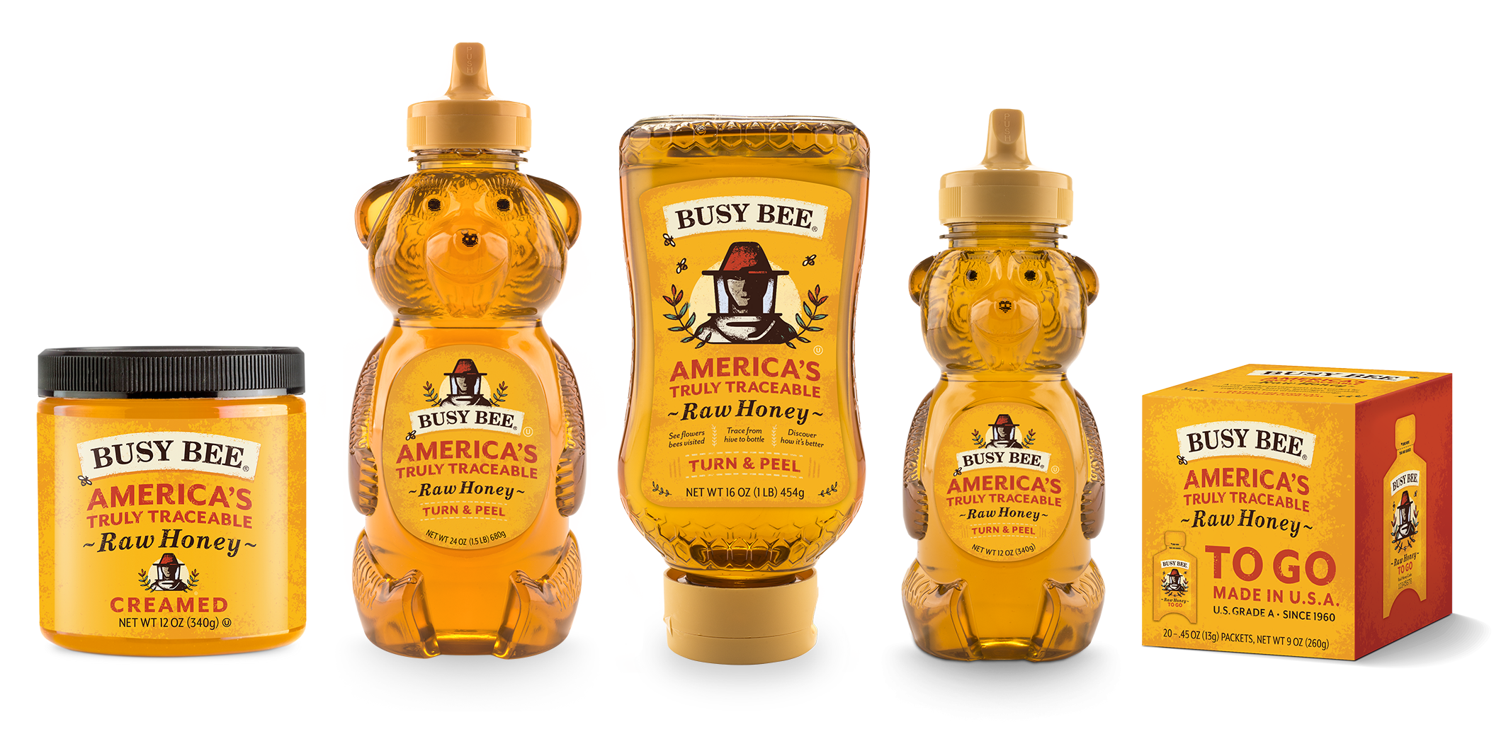 Busy Bee Products including 16 ounce bottle, 24 ounce bear, 12 ounce creamed honey jar, 12 ounce bear, and box of 10 to-go packets