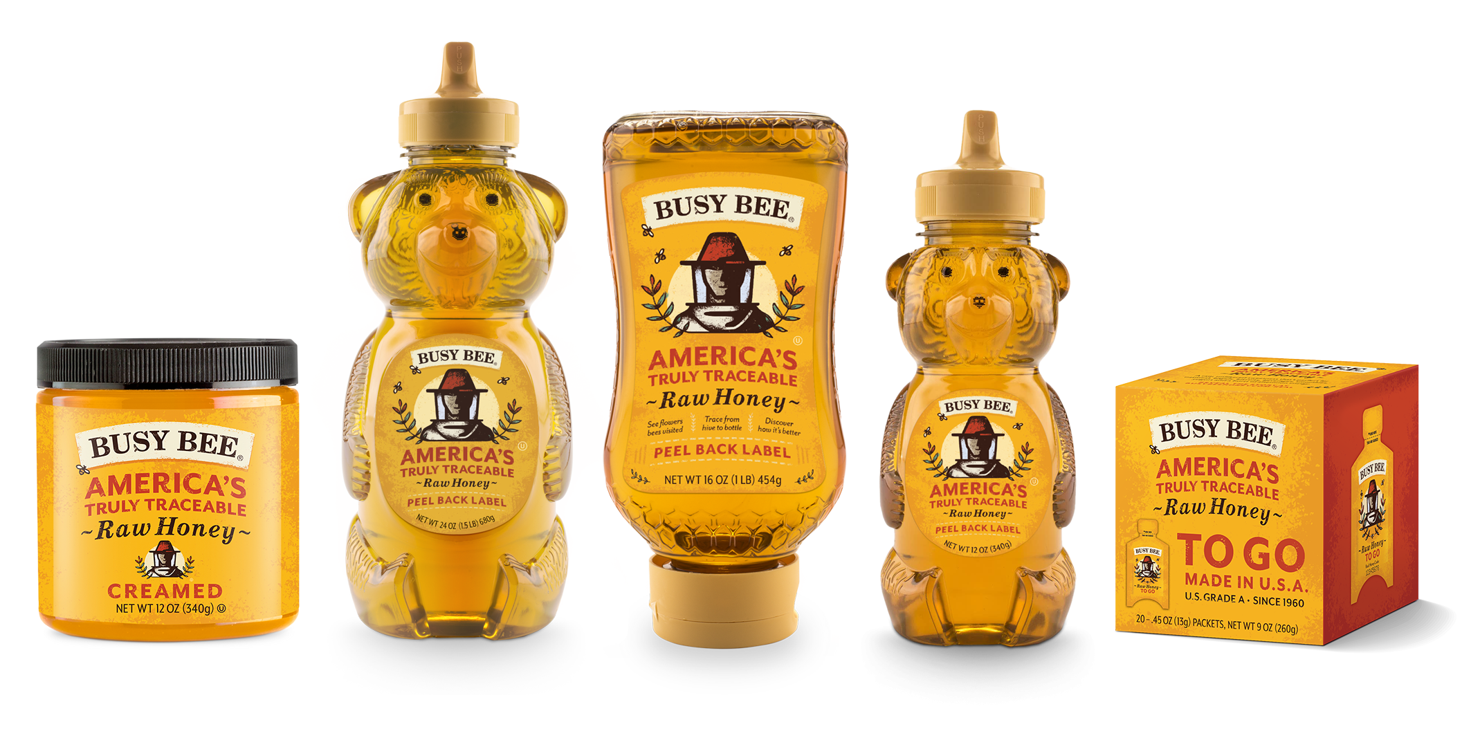 Busy Bee Products including 16 ounce bottle, 24 ounce bear, 12 ounce creamed honey jar, 12 ounce bear, and box of 10 to-go packets